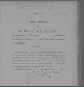 The title page of the 1893 vital records registry for Le Francois, Martinique. (Source: France National Archives)